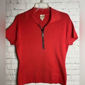 Van Saken red cotton sweater with rhinestone zipper! Sz large